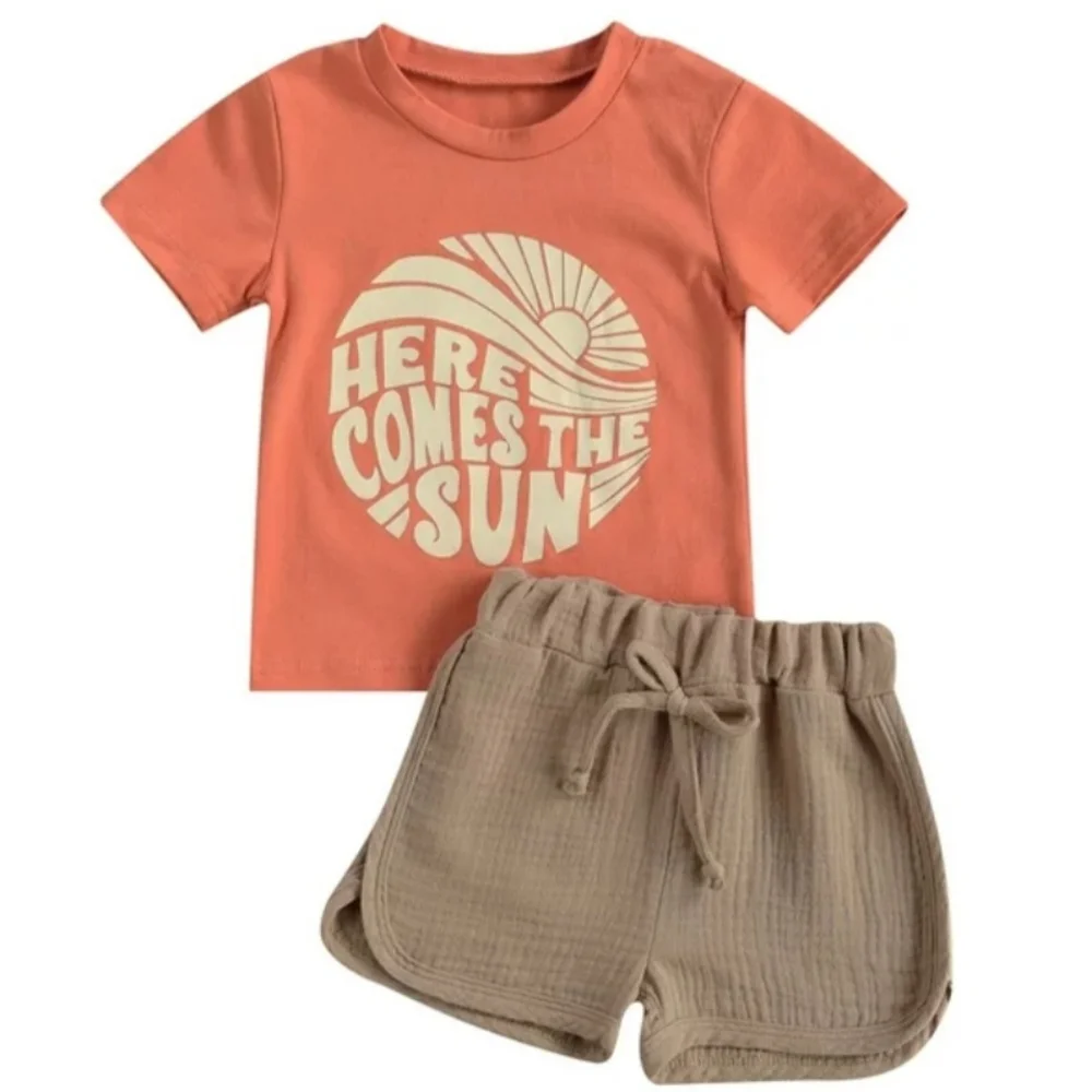 Retro Here Comes The Sun Short Set Sz 2T Peach Beige Muslin Gauze Neutral 2Pc